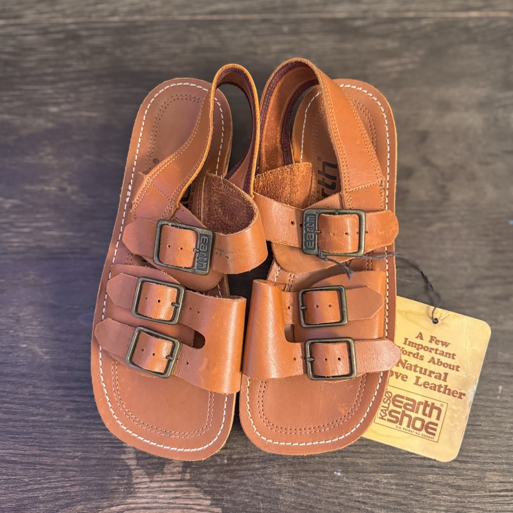 NWT Vintage Kalso Earth Shoe Leather Sandals Size 7 Retro Triple Buckle Comfort
